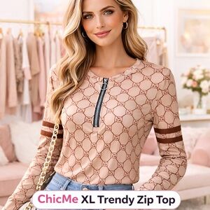 ChicMe Tan & Brown Monogram Zip Front Long Sleeve Top Size XL